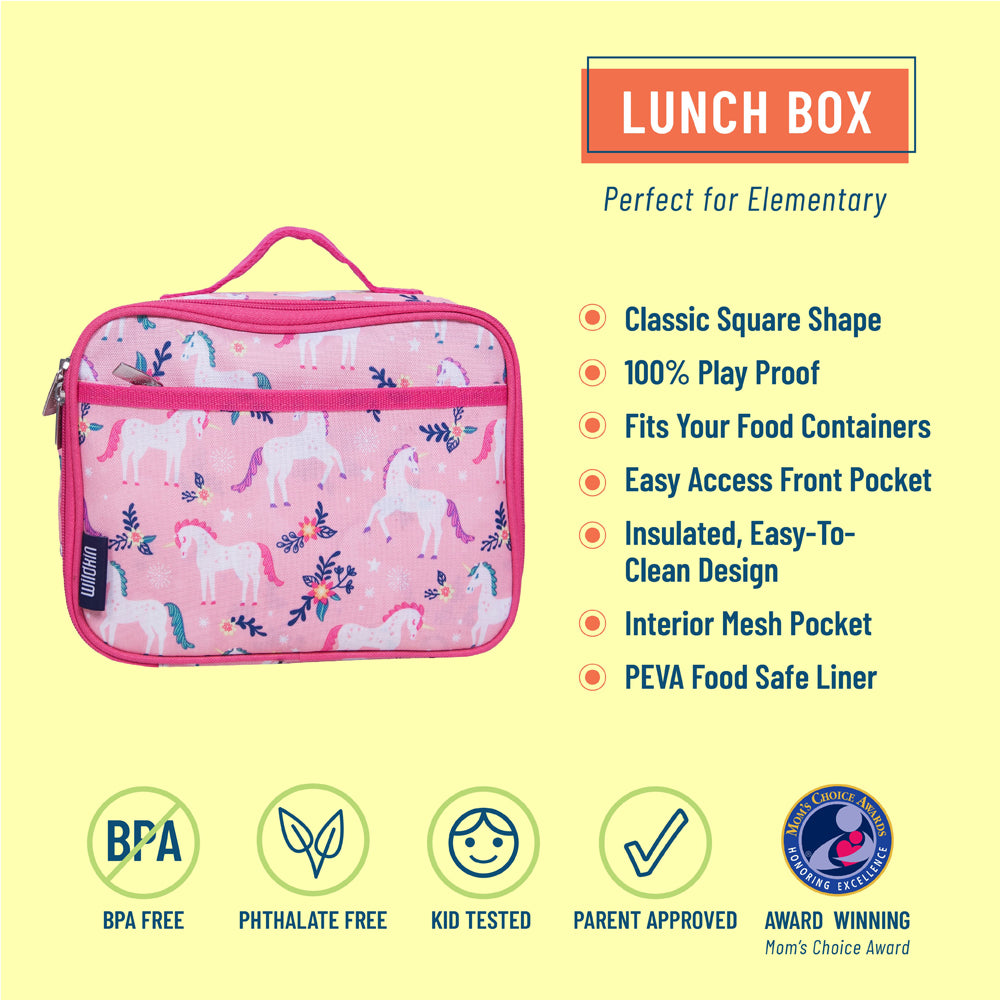 Front view of a magical unicorn lunch bag for kids