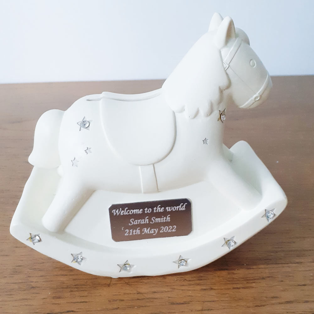 Personalised rocking horse money box for children