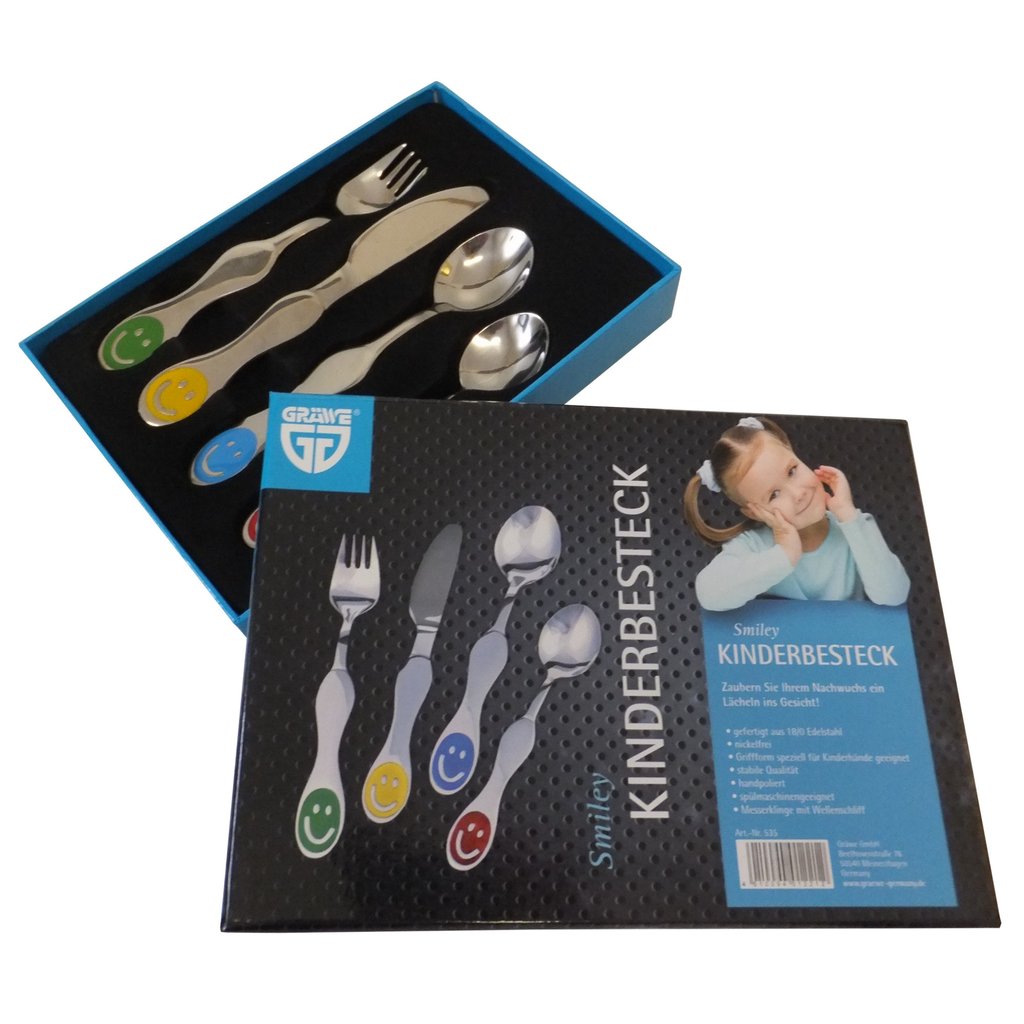 Smiley face children’s cutlery set in packaging