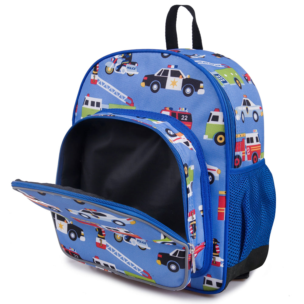 Back view of an action vehicles toddler backpack