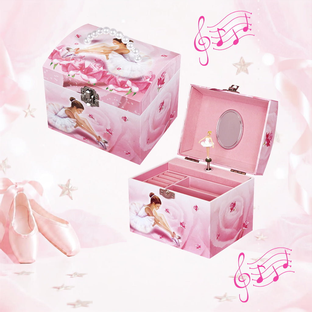 Girl Musical Pink ballerina-themed music box jewelry box shown closed and open, decorated with ballet dancer illustrations, roses, and musical notes, alongside pink ballet slippers on a soft pink background.