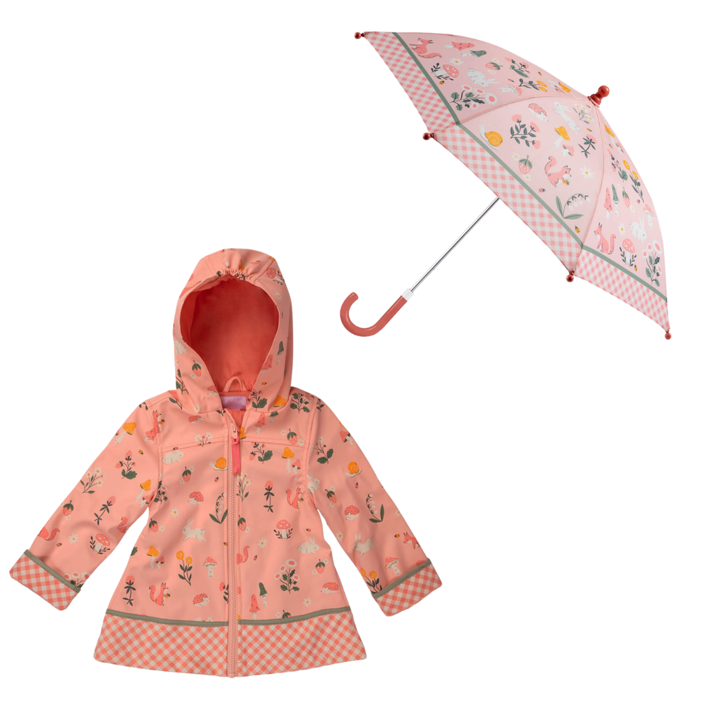 Kids Strawberry Field raincoat and matching umbrella set in pink