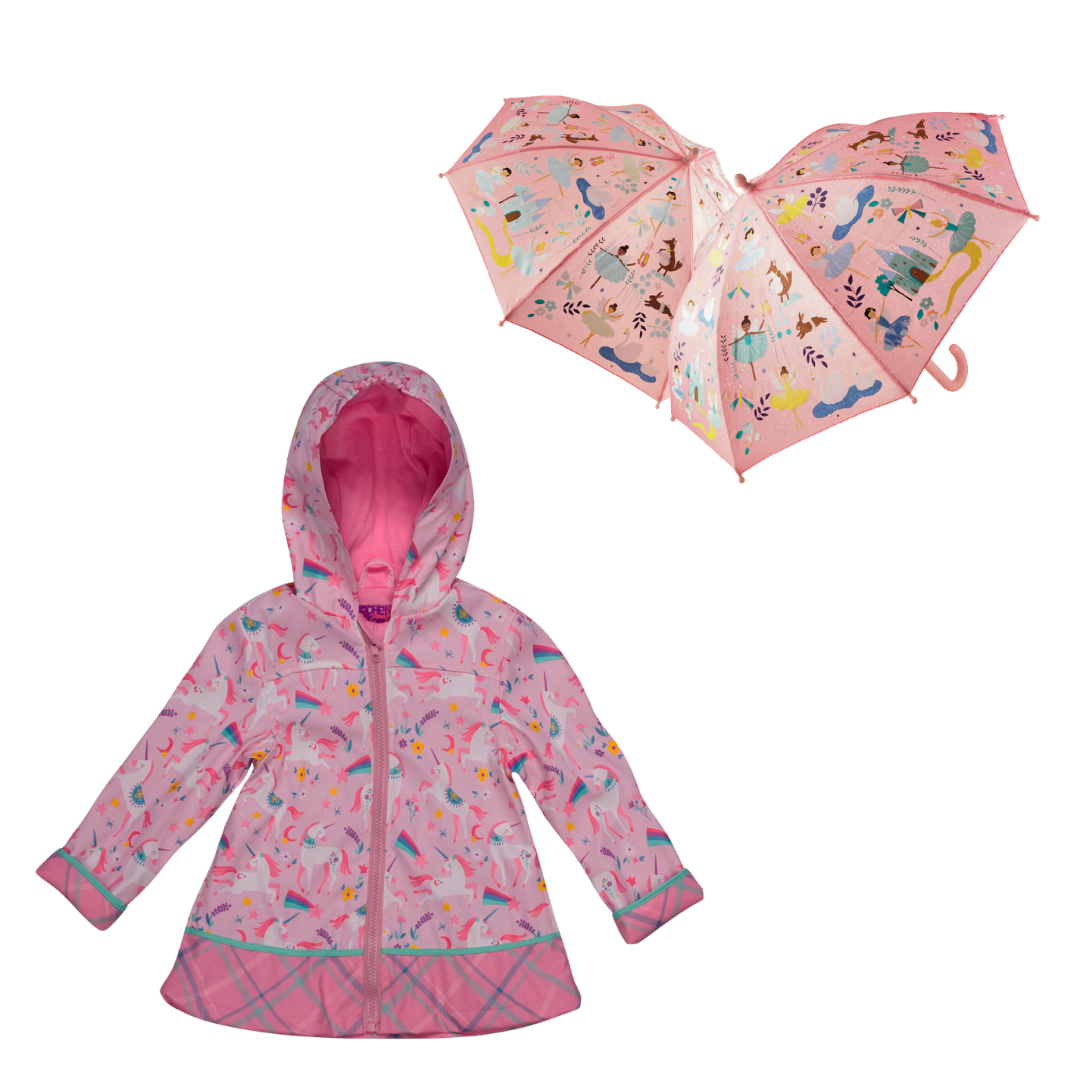 Kids Unicorn raincoat and Enchanted Kingdom umbrella set in pink