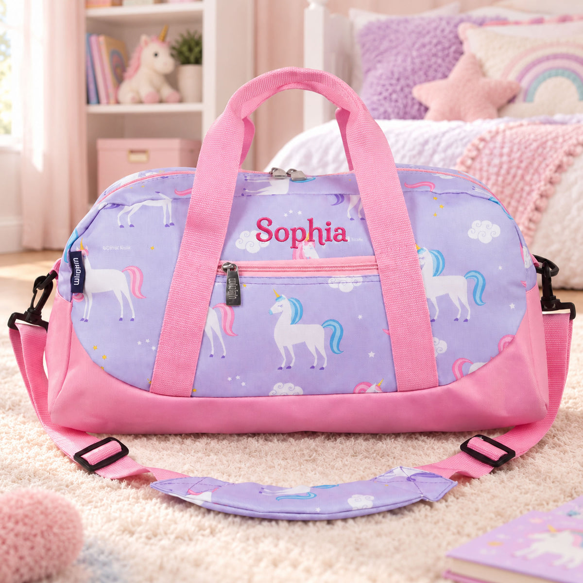 Personalised Kids Purple Unicorn Duffle Bag