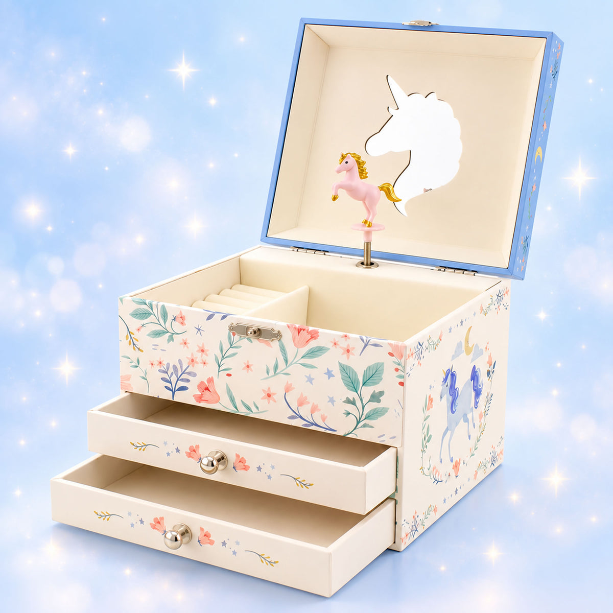 Personalised Girls Musical Jewellery Box - Blue Unicorn