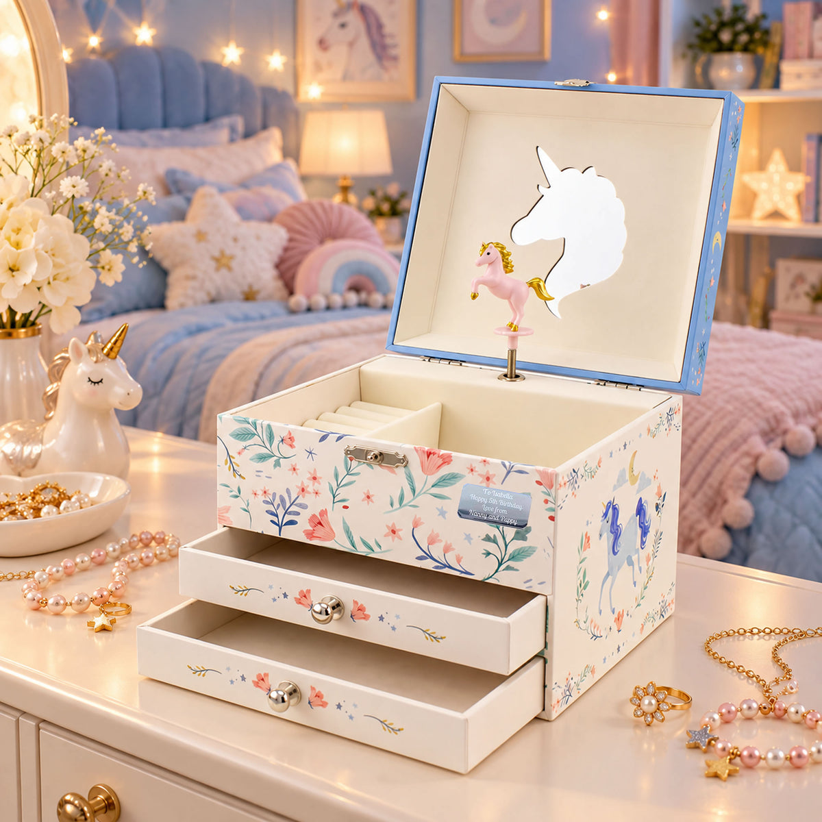Personalised Girls Musical Jewellery Box - Blue Unicorn