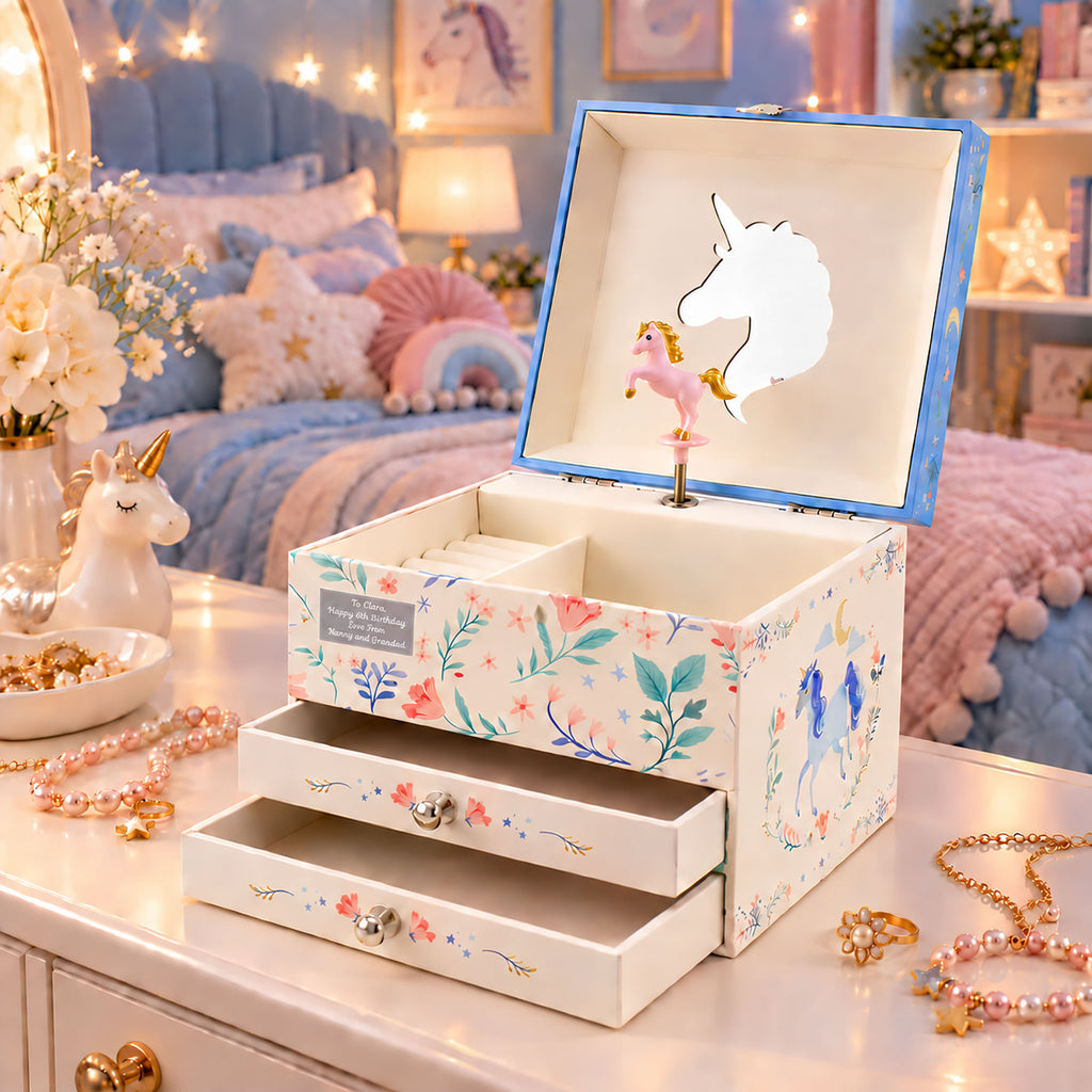 Personalised Girl's Musical Jewellery Box - Blue Unicorn