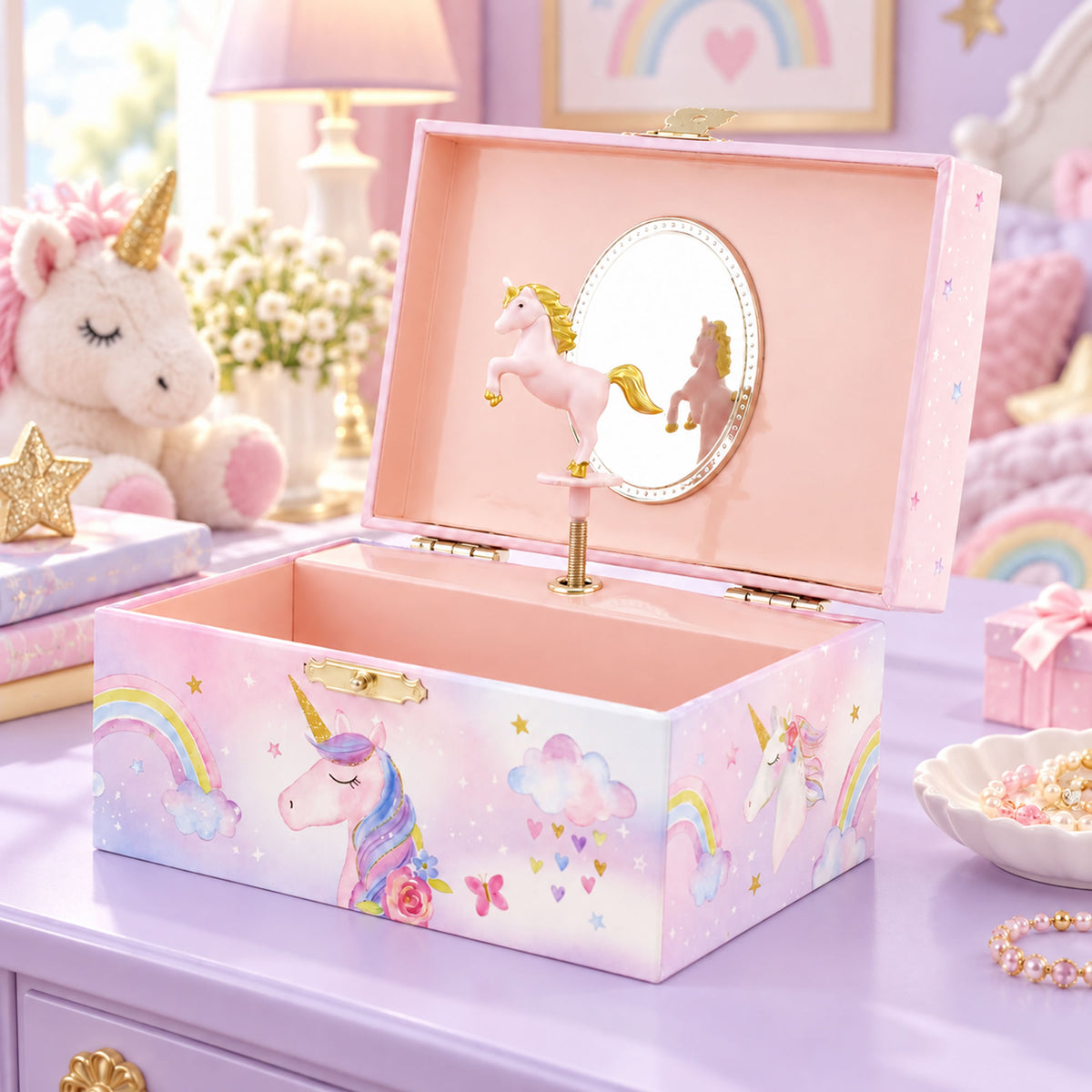 Pastel pink unicorn musical jewellery box for girls featuring a unicorn-style bedroom background and pink and gold unicorn figurine in a pink music box