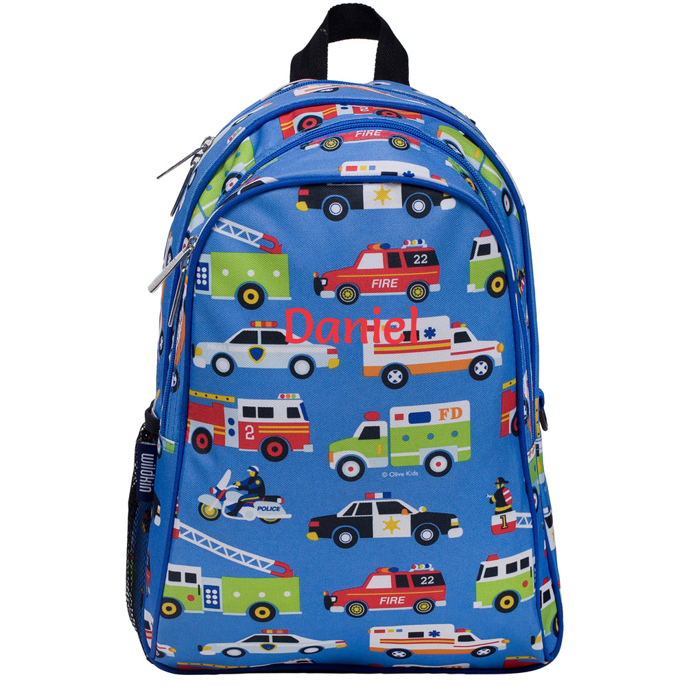 Personalised action vehicles backpack for children