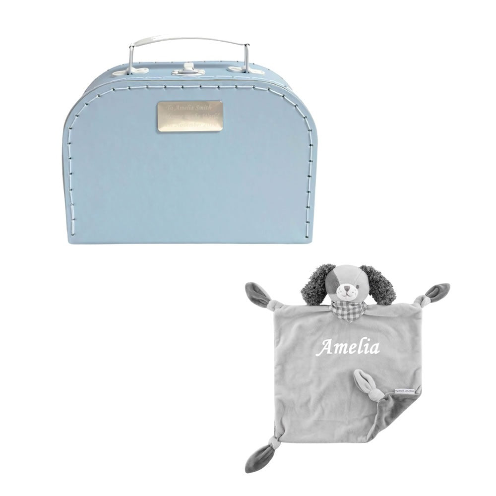 Baby comforter and soft toy in a personalised suitcase