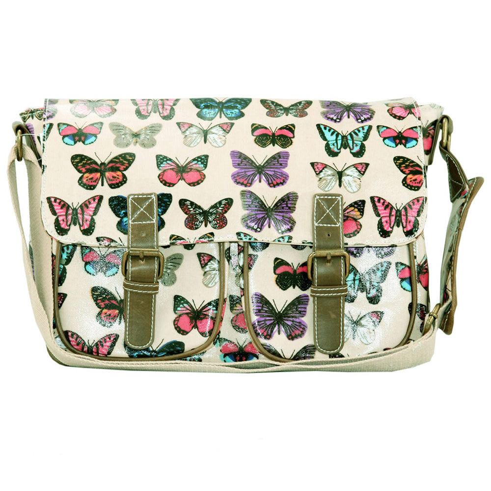 Beige satchel with butterfly design