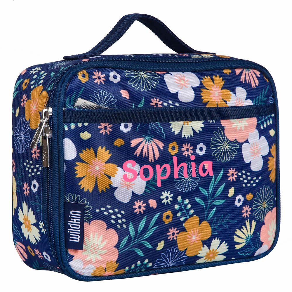 Personalised children’s blue floral lunch bag