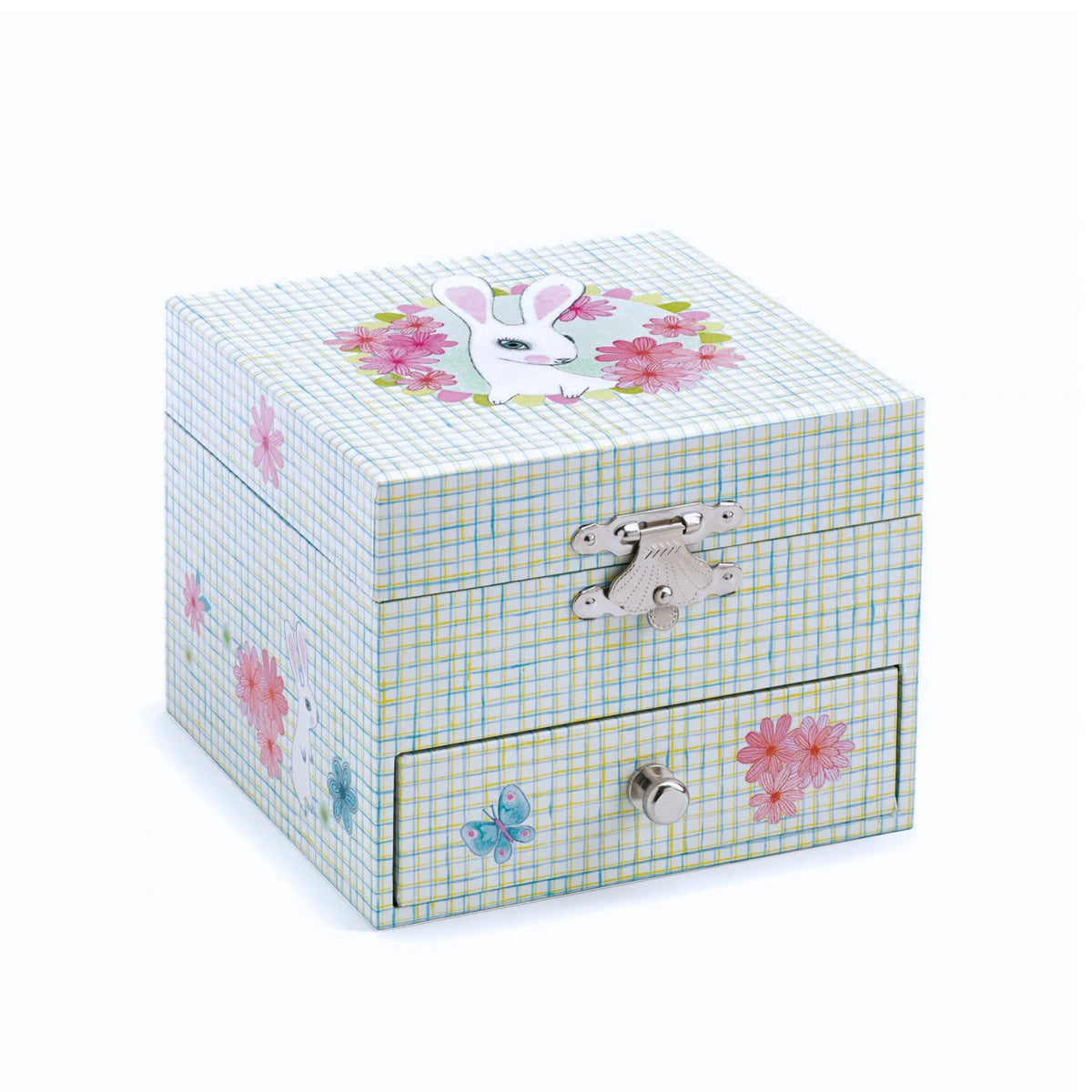 A decorative two-drawer jewelry box with a pastel blue and green gingham pattern, decorated with pink flowers, a white bunny on top, and a butterfly on the side. It features a silver metal clasp on the front and a small silver knob on the lower drawer, set against a plain white background.