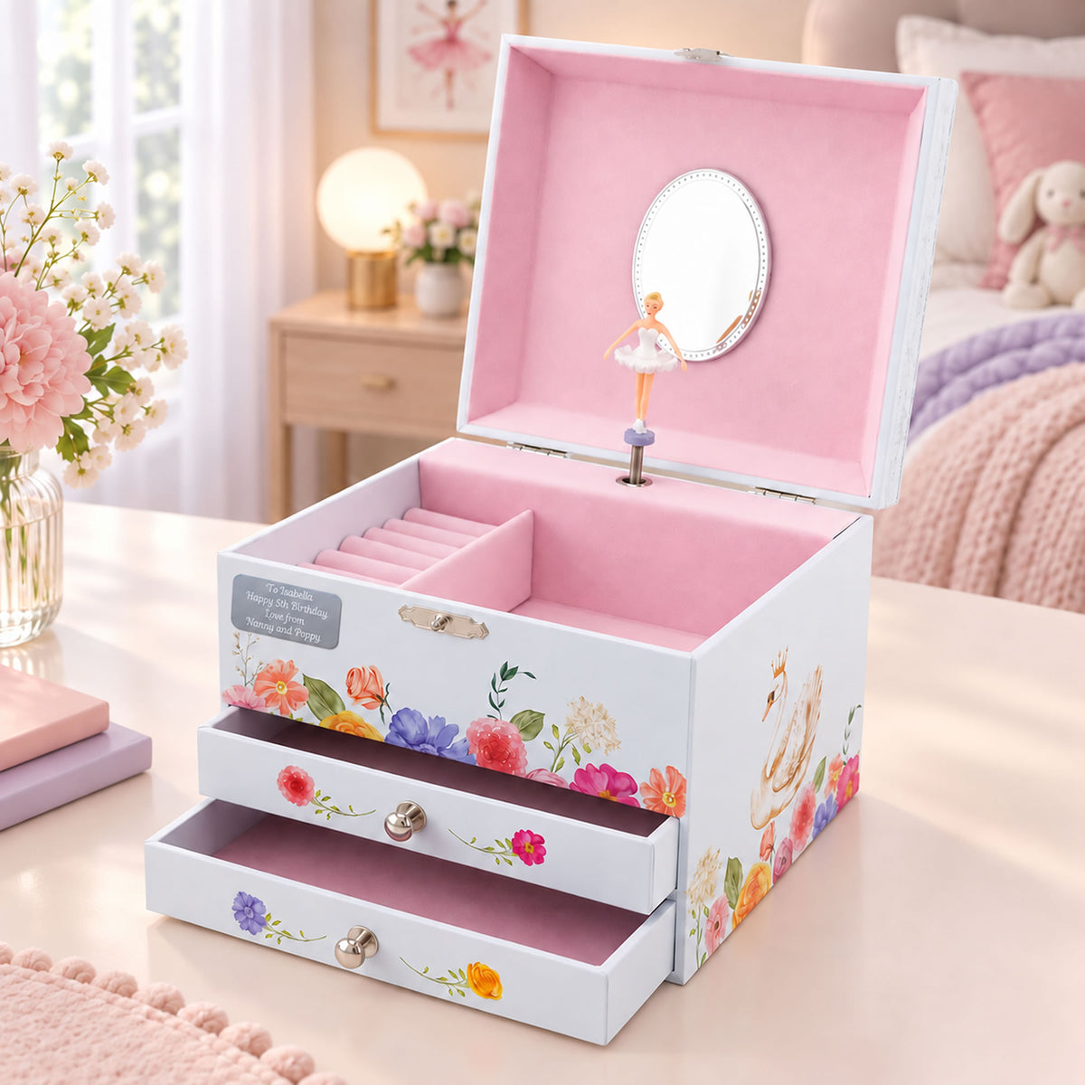 Personalised Girls Large Musical Jewellery Box - Classical Ballerina Swan Lake