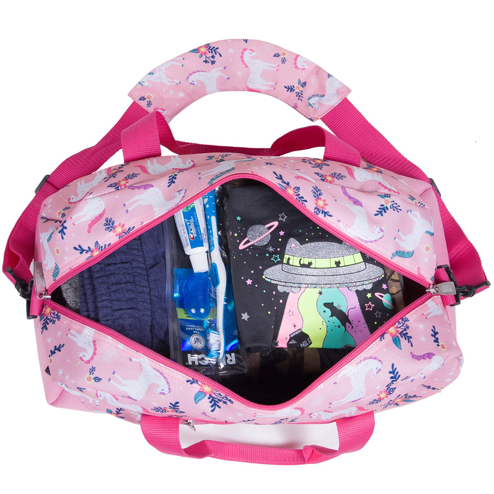 Side view of a magical unicorn duffle bag