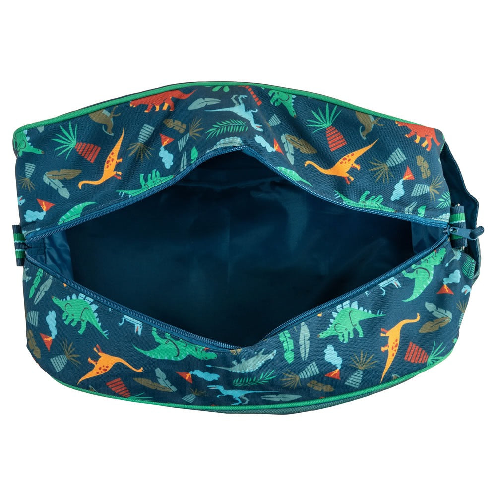Inside of a dinosaur duffle bag