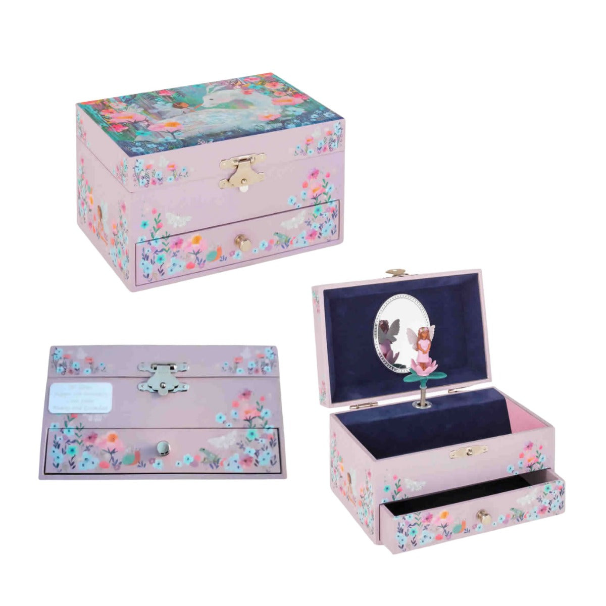 Fairy and dragon musical jewellery box shown open and closed