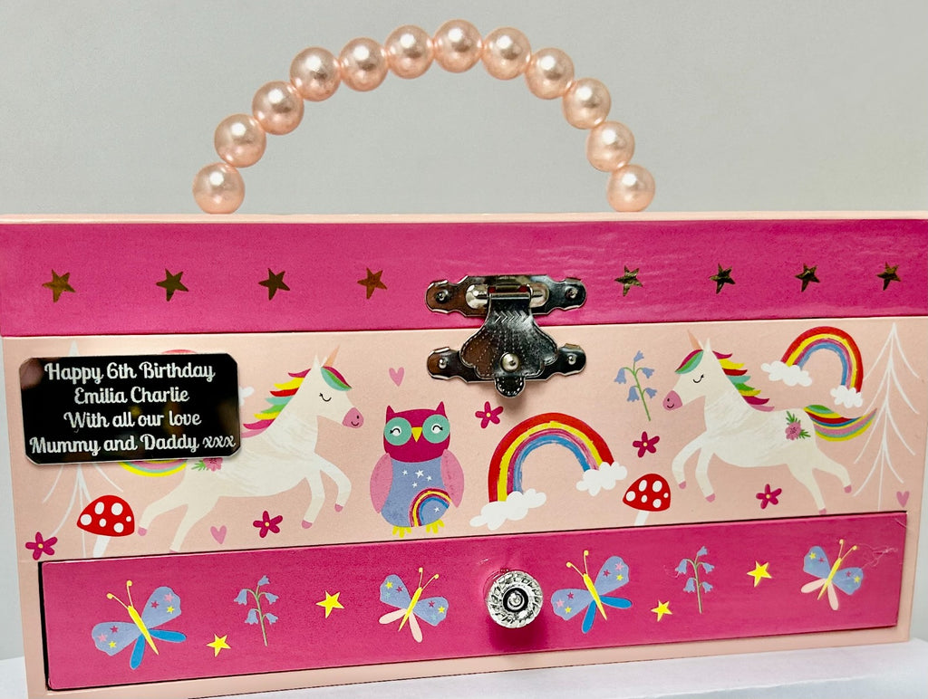 Open rainbow unicorn musical jewellery box