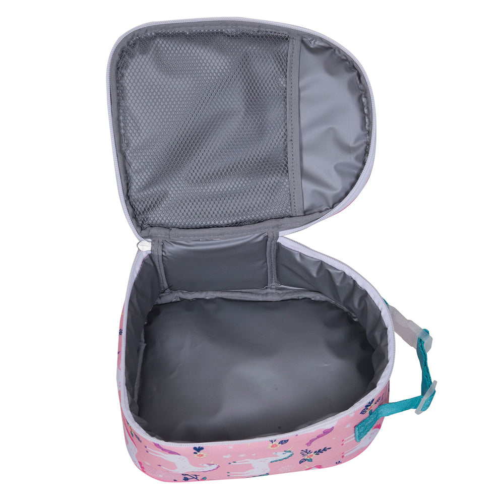 Side view of a magical unicorn lunch bag