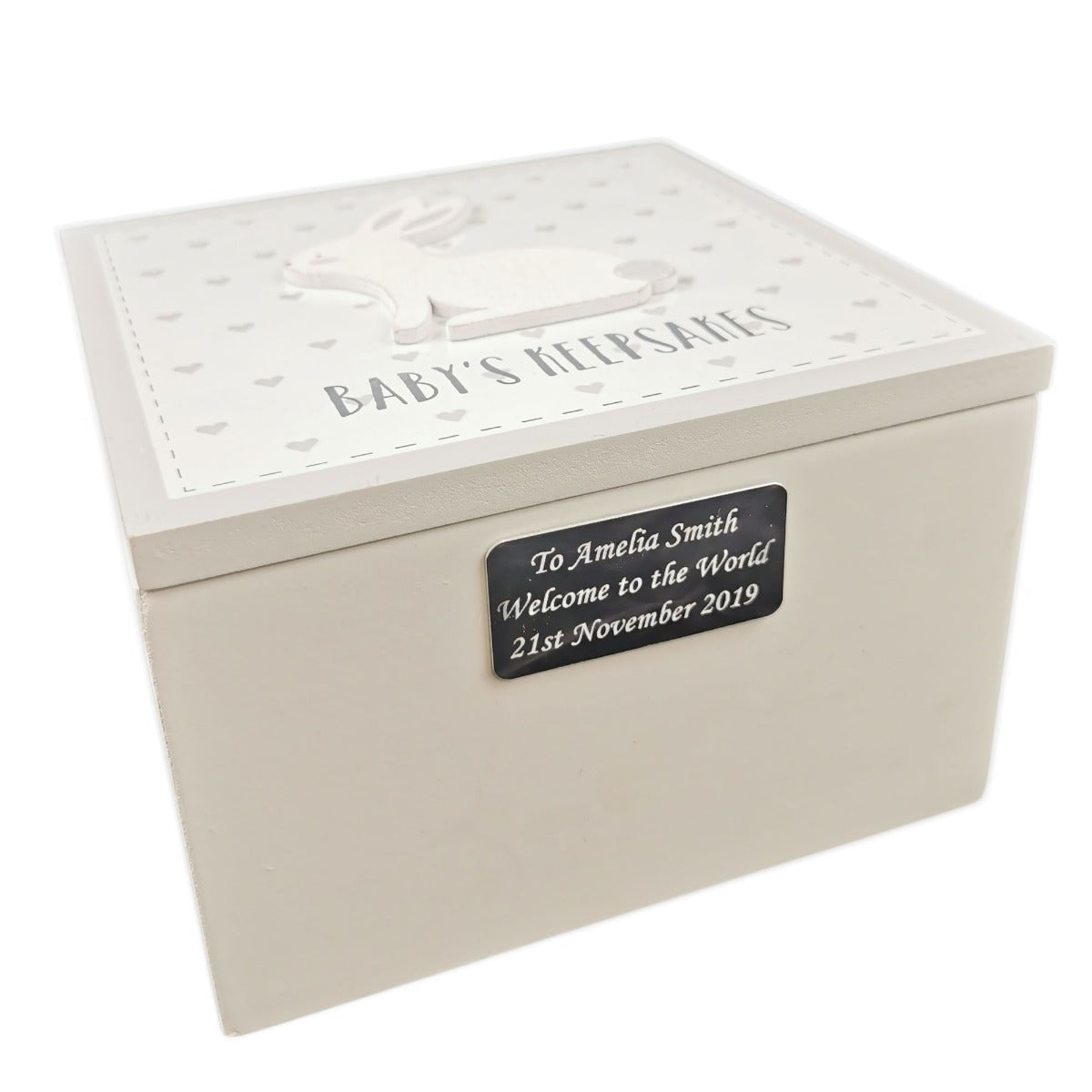 Side view of a rabbit baby keepsake box