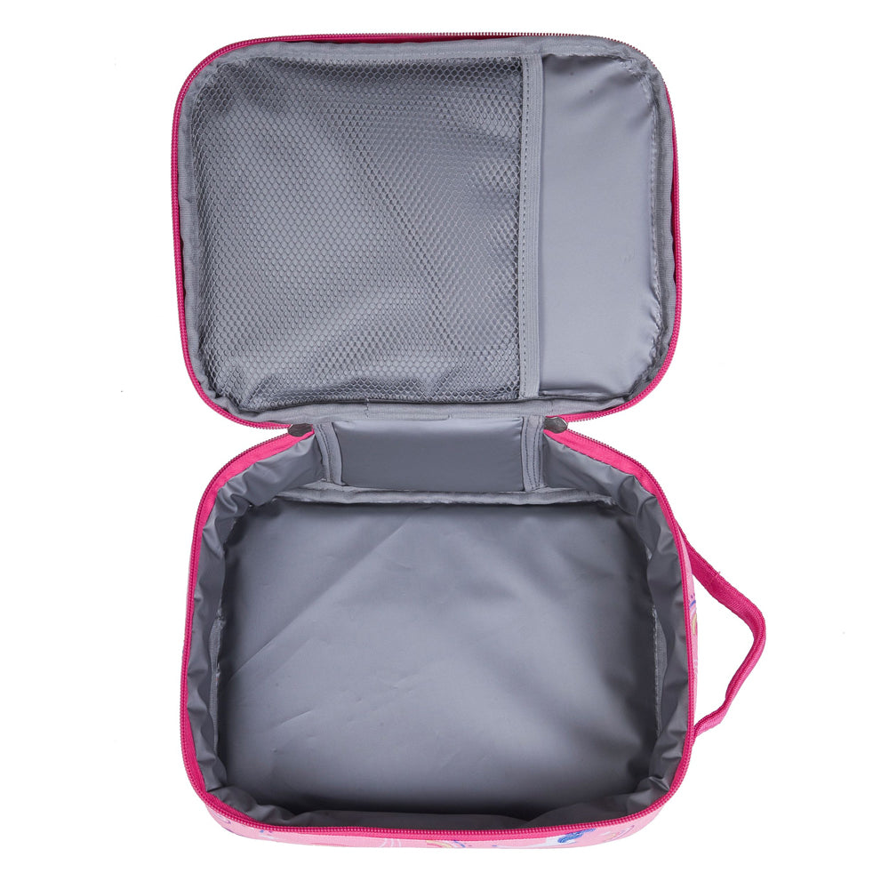 Inside of a rainbow unicorn insulated lunch bag