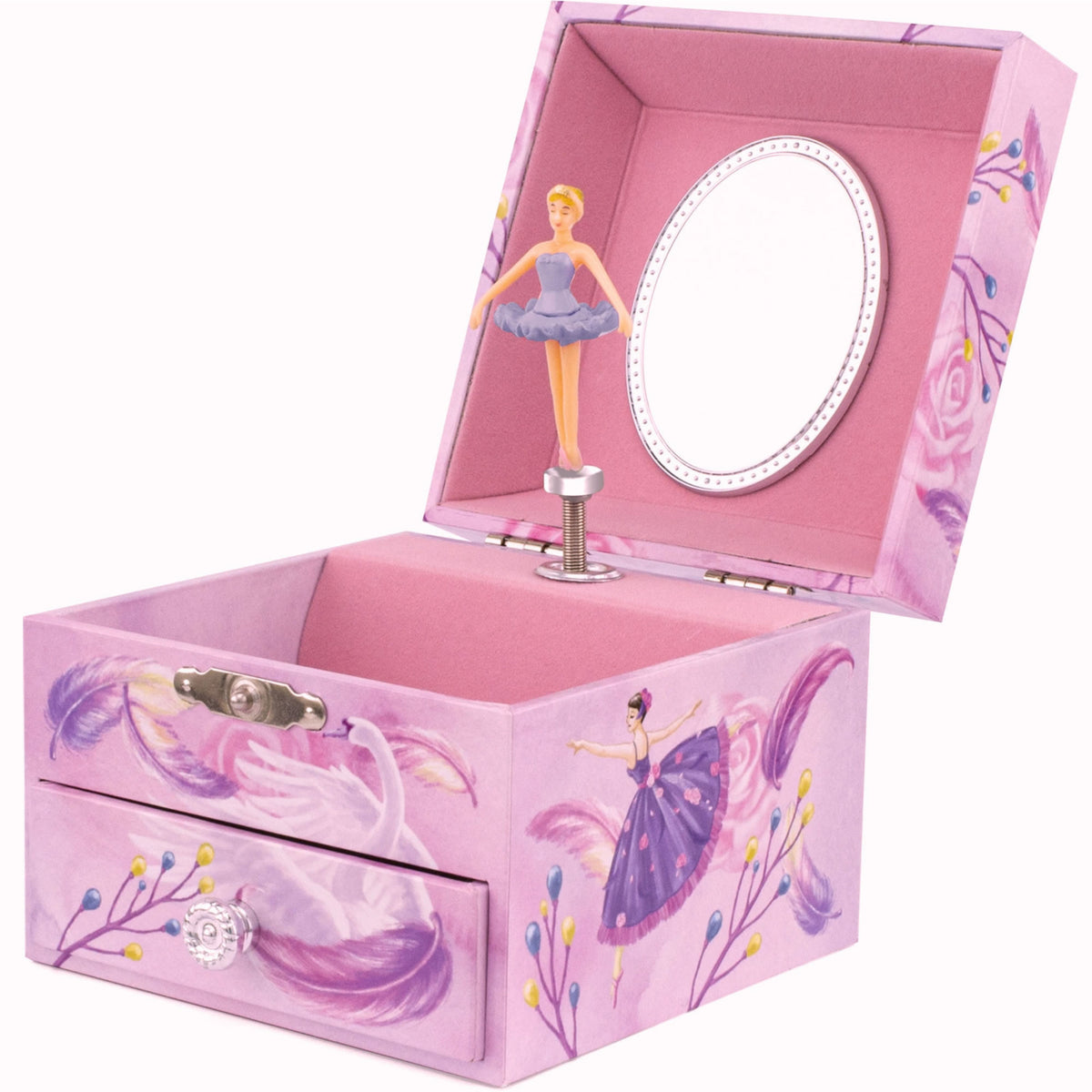 A pink ballerina-themed music box jewelry box with a hinged lid, featuring a small ballerina figurine, an oval mirror, and painted swans and floral designs on the exterior.