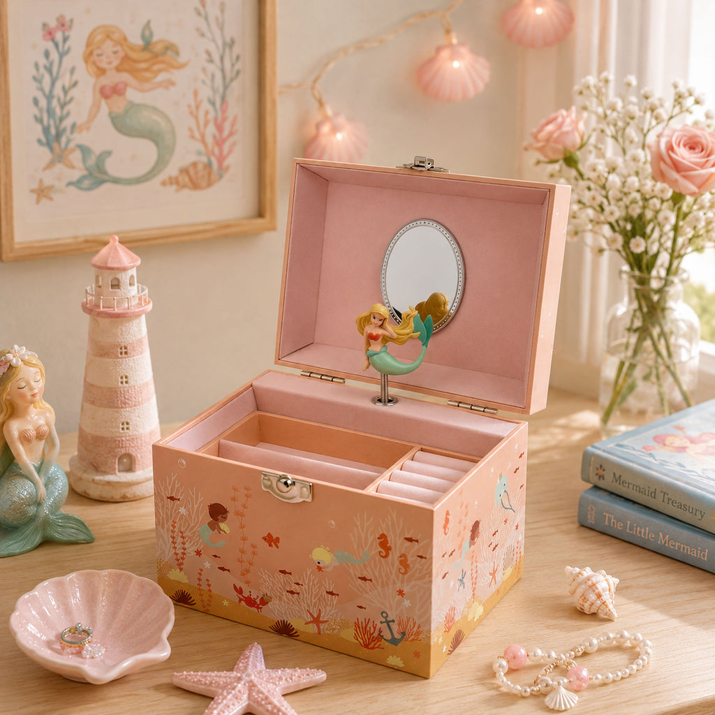 Pink mermaid musical jewellery box with a mermaid figurine with blue tail and yellow hair in a kids room background and flowers in the background