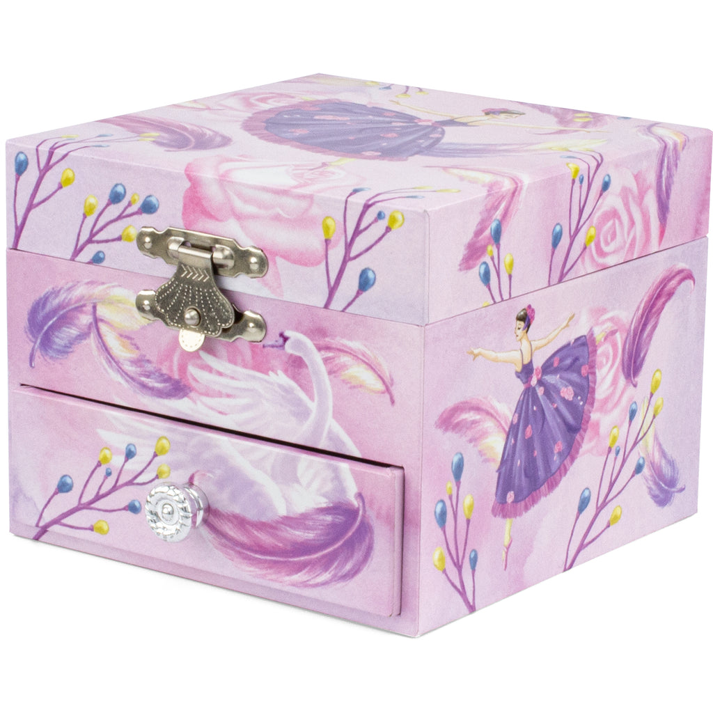 A pink and purple ballerina-themed jewelry box with a drawer, decorated with illustrations of ballet dancers, feathers, and floral motifs, featuring a silver clasp and a crystal-embellished drawer knob.