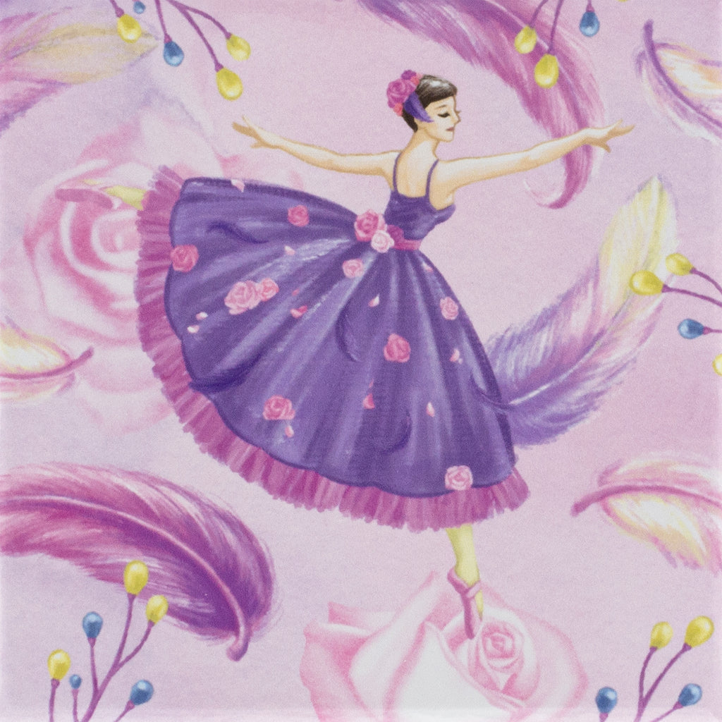 Illustration of a ballerina in a purple dress with flowers on a pink background with floral elements.