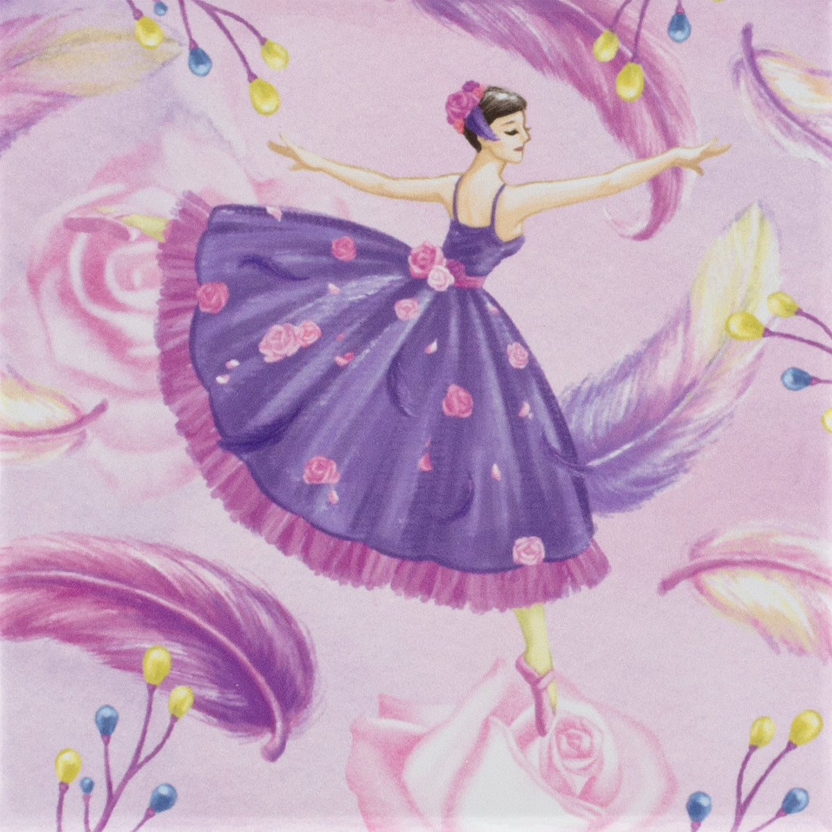 Illustration of a ballerina in a purple dress with flowers on a pink background with floral elements.