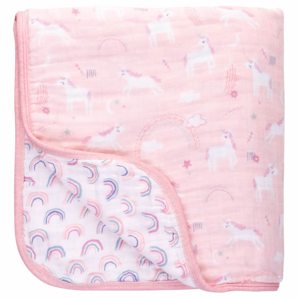 Pink unicorn muslin baby blanket