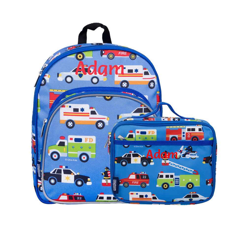 Personalised action vehicles children’s backpack and lunch bag set