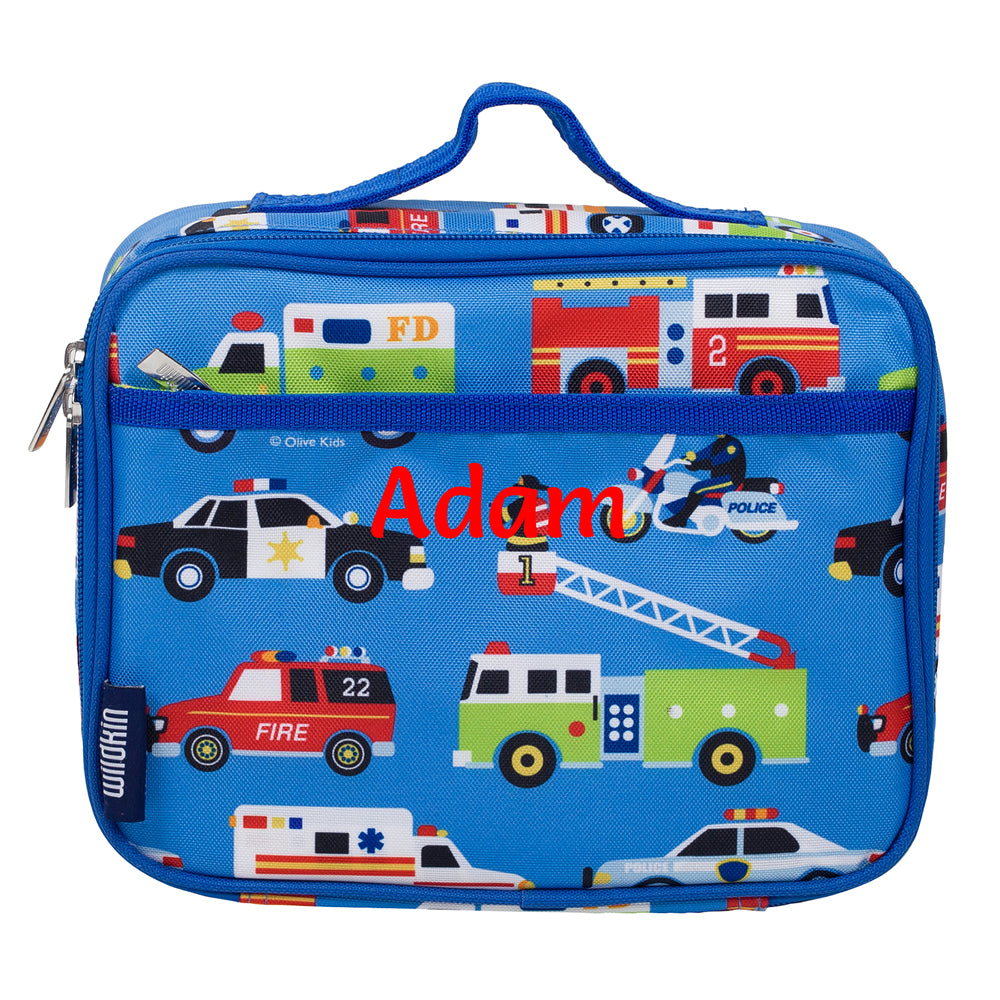 Personalised action vehicles children’s lunch bag