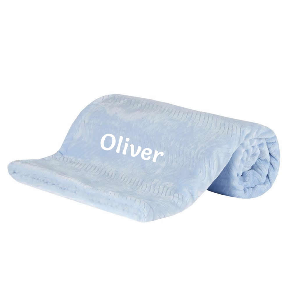 Blue sherpa baby blanket personalised with a name