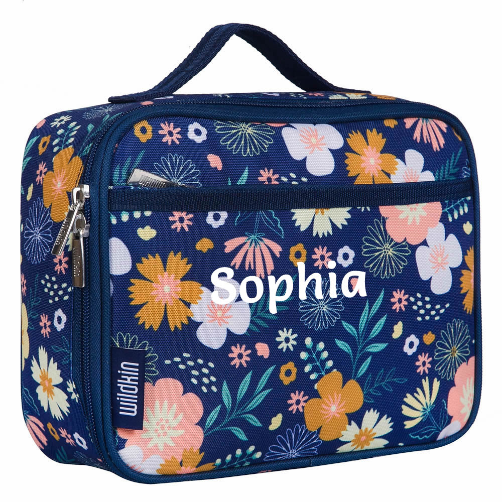 Personalised blue floral lunch bag for children