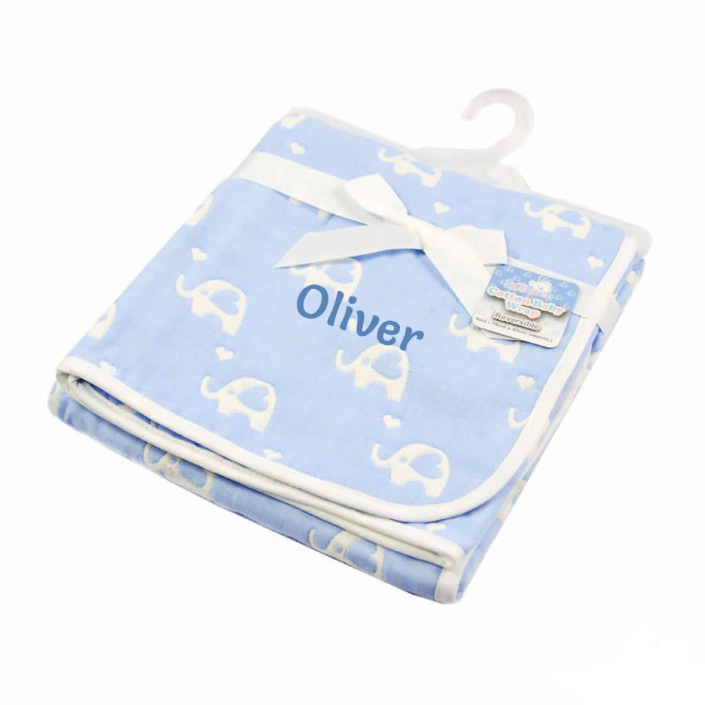 Personalised Baby Blanket - 100% Cotton Blue Elephants - part of the Puppy & Blue Elephants gift set