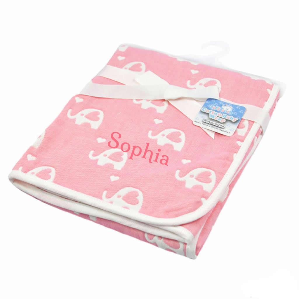 Personalised Baby Blanket - 100% Cotton Pink Elephants - part of the Pink Bunny & Elephants gift set
