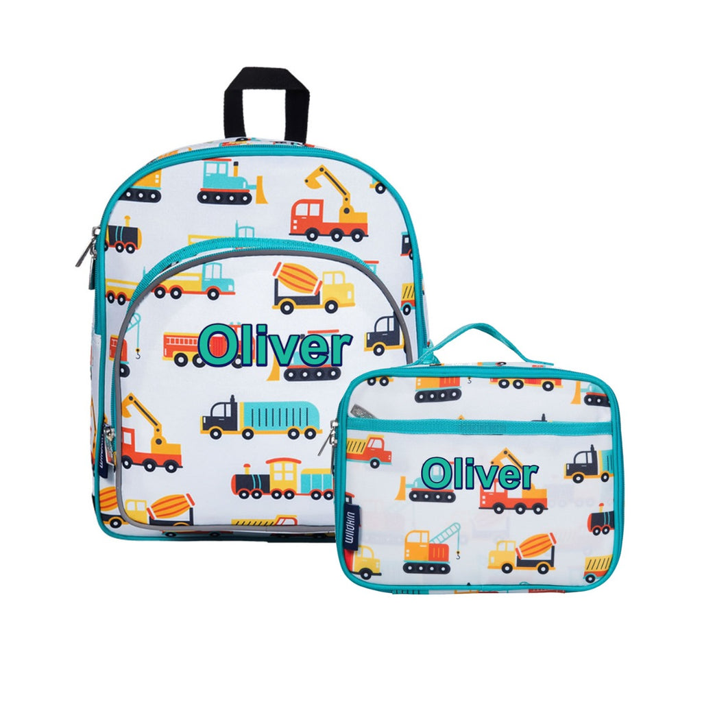 Personalised digger backpack and lunch box set for children
