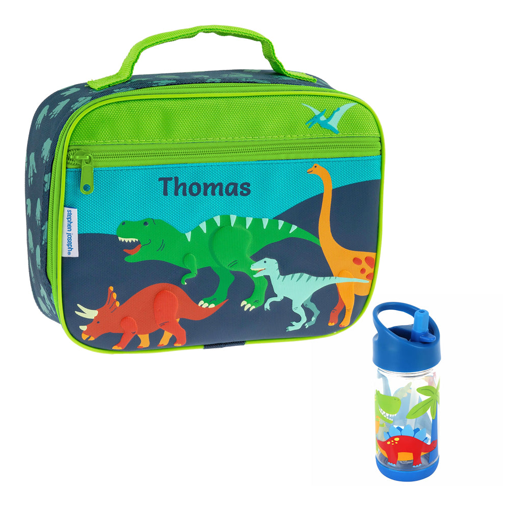 Personalised dinosaur lunch bag with water bottle