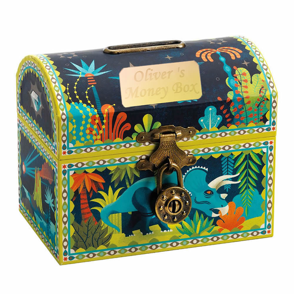 Personalised dinosaur money box for children