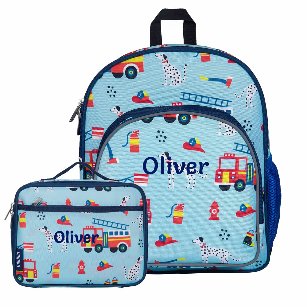 Personalised fire engine backpack and lunch bag set