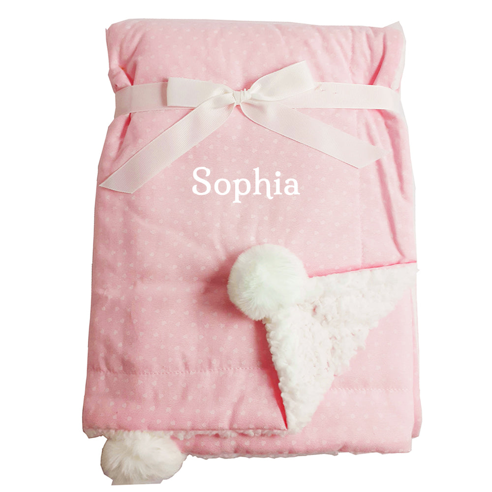 Pink dotted baby blanket personalised with a name
