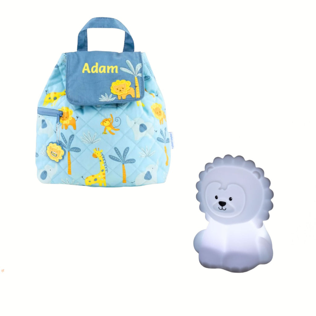Personalised safari backpack and lion night light gift set