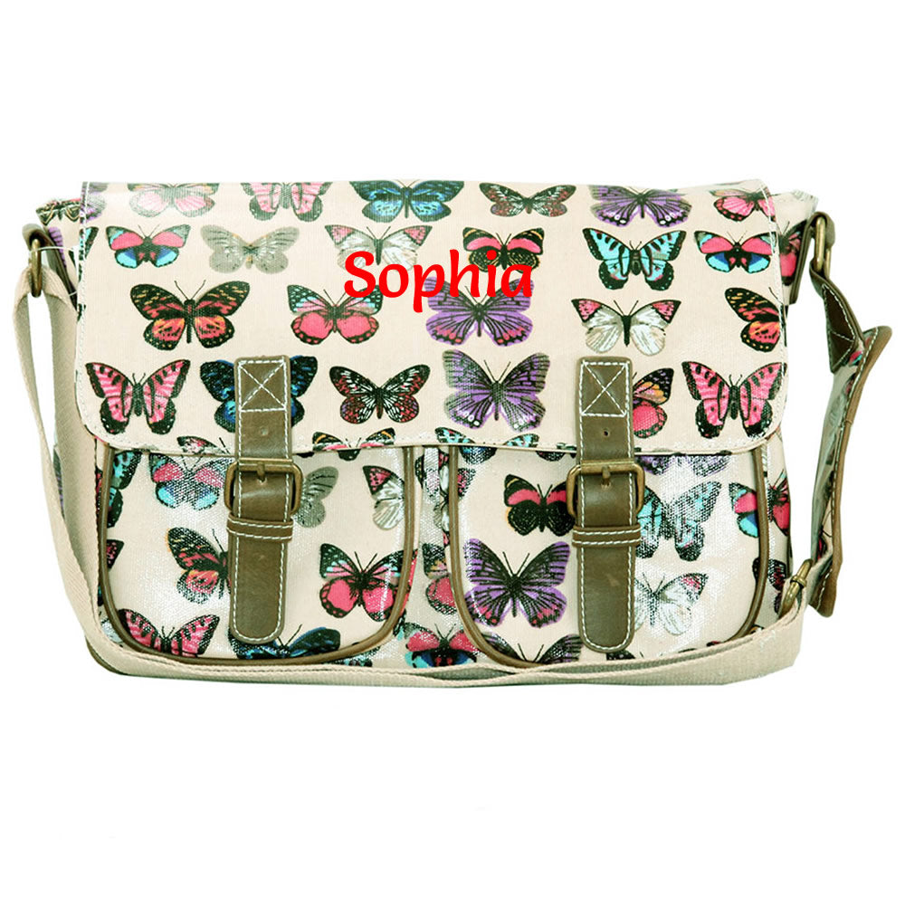 Personalised beige butterfly satchel for children