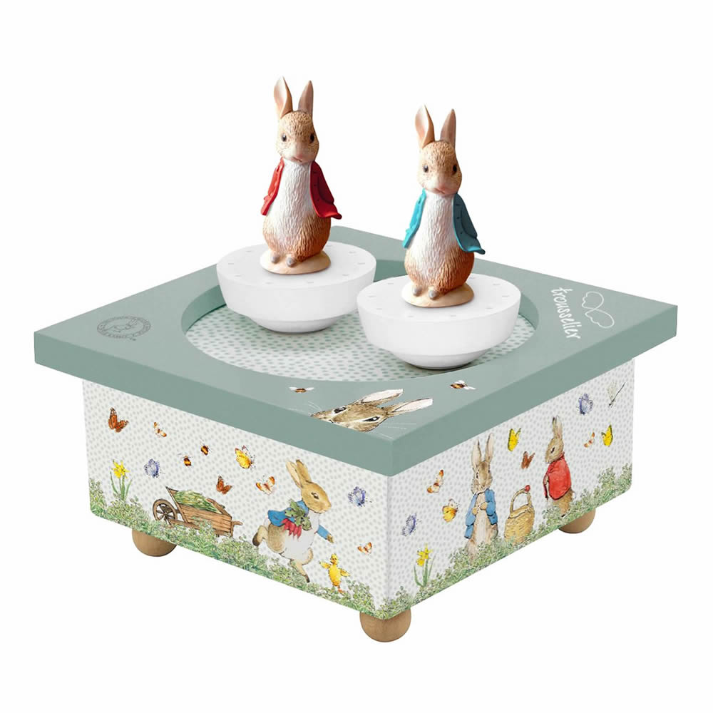 Personalised Peter Rabbit wooden baby music box with spinning figurines