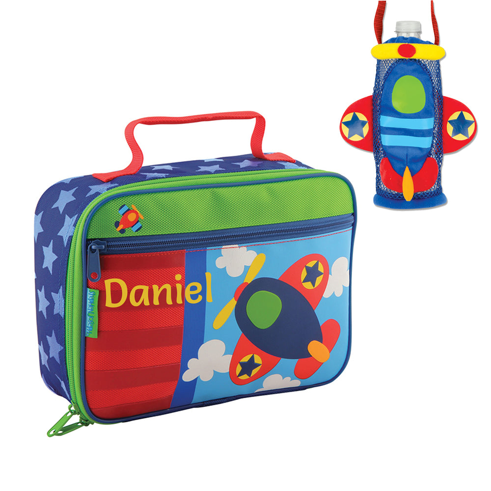 Personalised aeroplane lunch bag with bottle holder