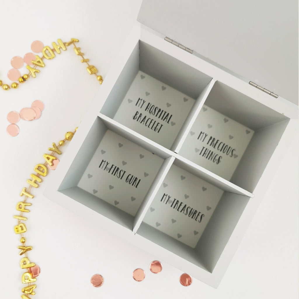 Open rabbit baby keepsake box in a lifestyle setting