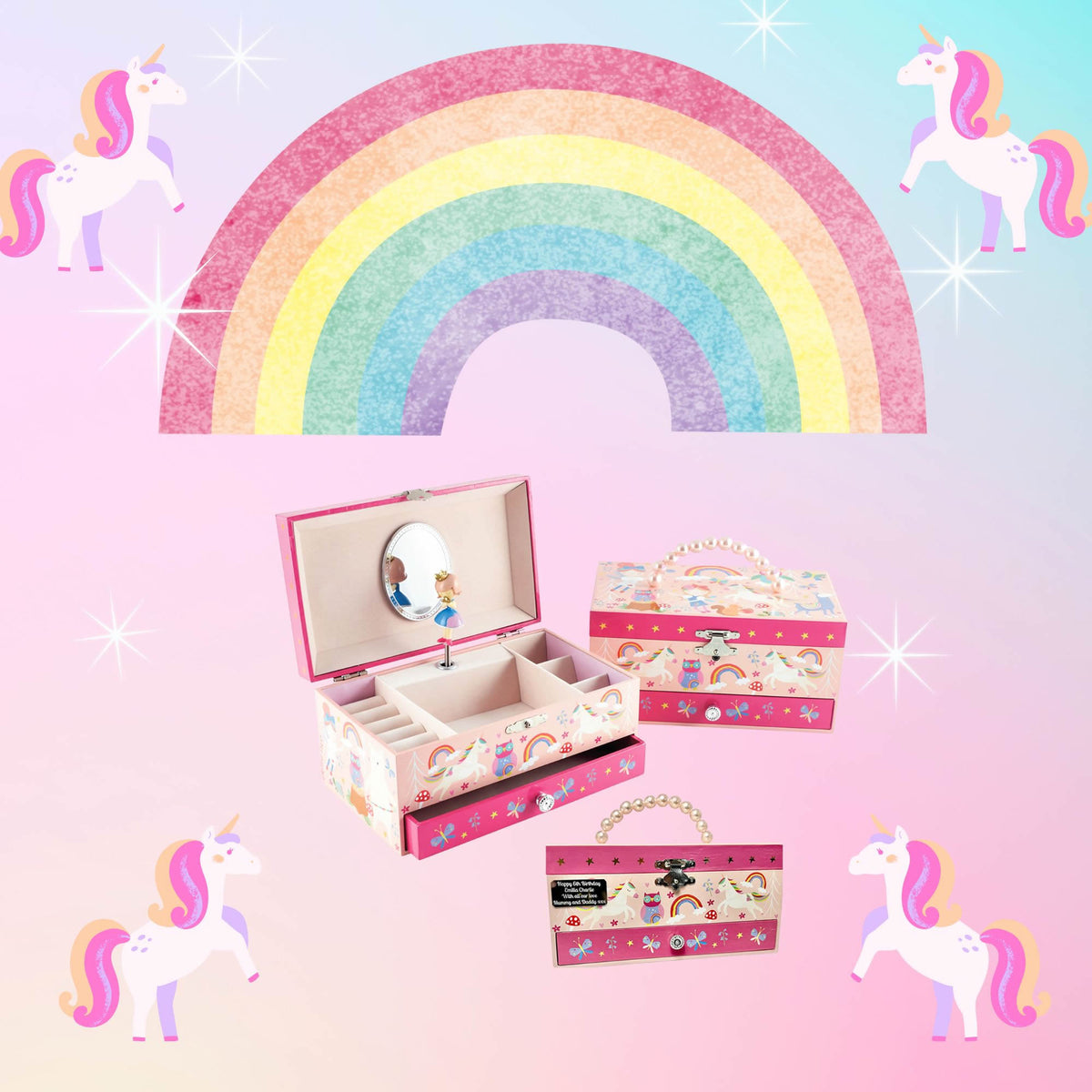 Personalised Girls Jewellery Box - Rainbow Unicorn