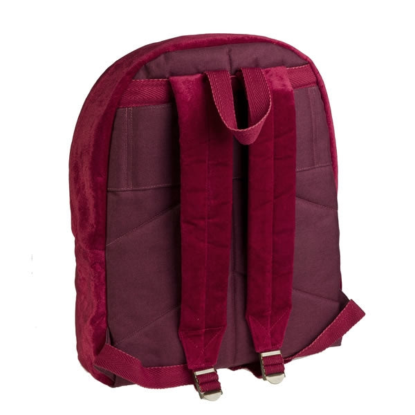 Rear view of a red school backpack for girls