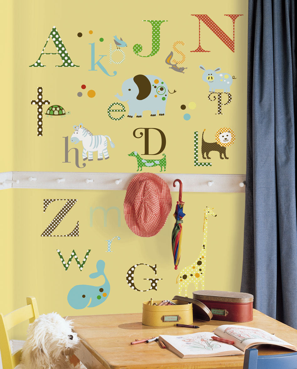 Animal alphabet wall decals in a child’s room